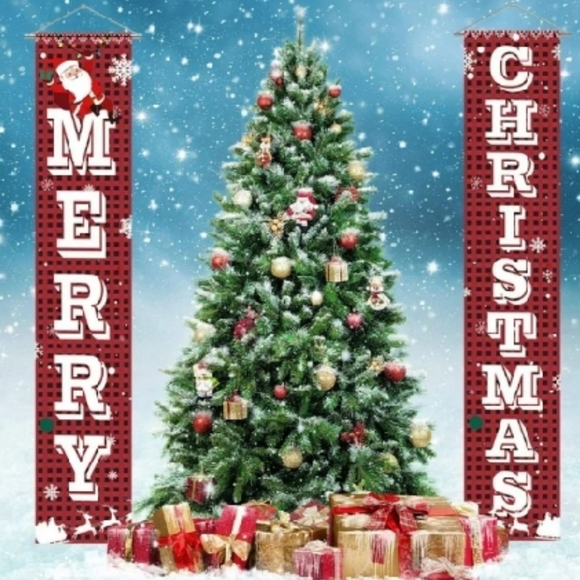New Merry Christmas Banner Set Buffalo Plaid Photo Op Decoration - Picture 9 of 14